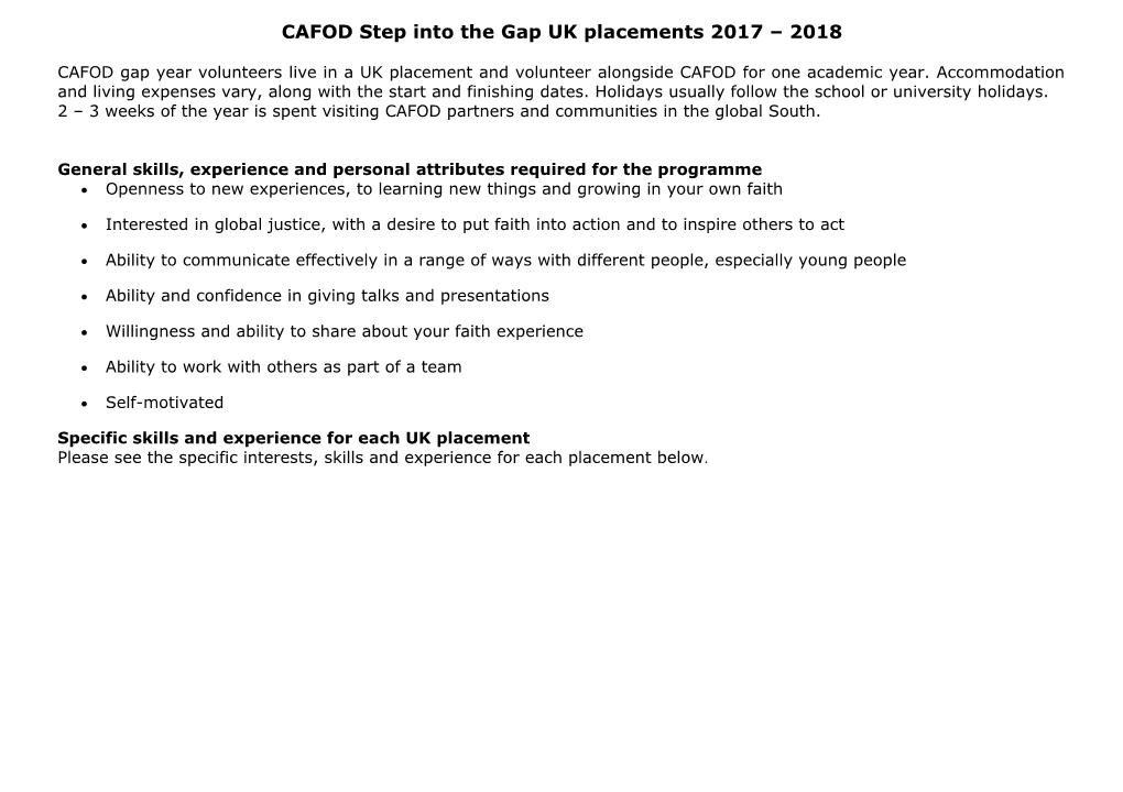 CAFOD Step Into the Gap UK Placements 2017 2018