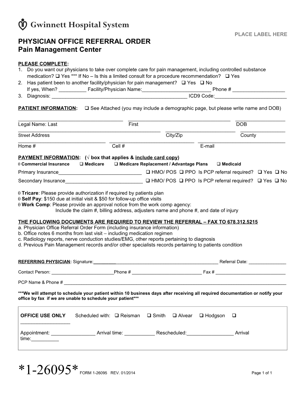 Physician Office Referral Order Pain Management Center