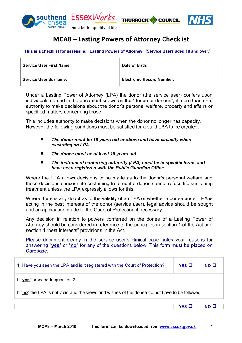 MCA8 Lasting Power of Attorney Checklist