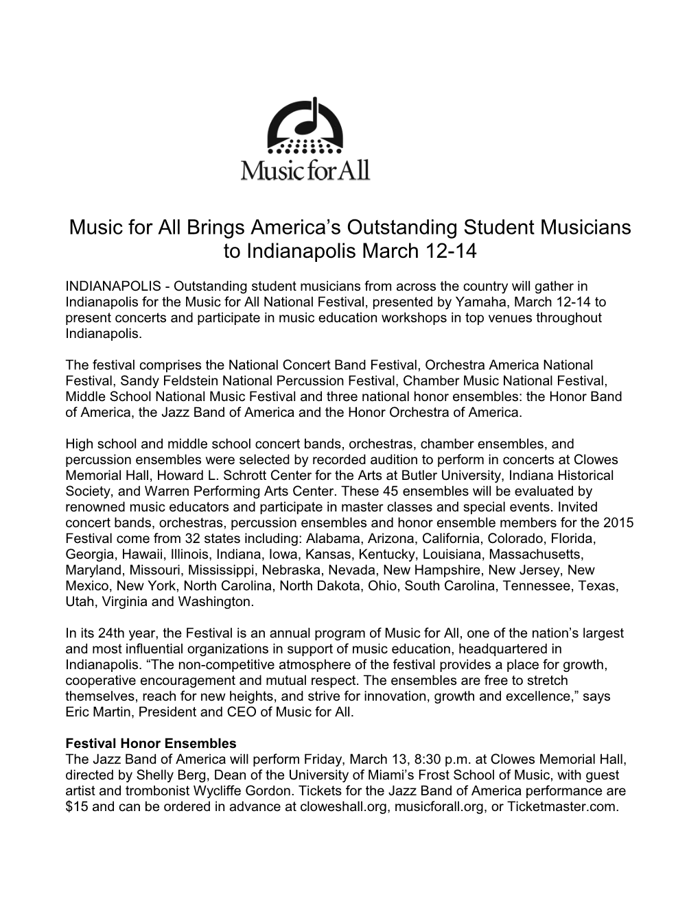 Music for All Brings America S Outstanding Student Musicians to Indianapolis March 12-14