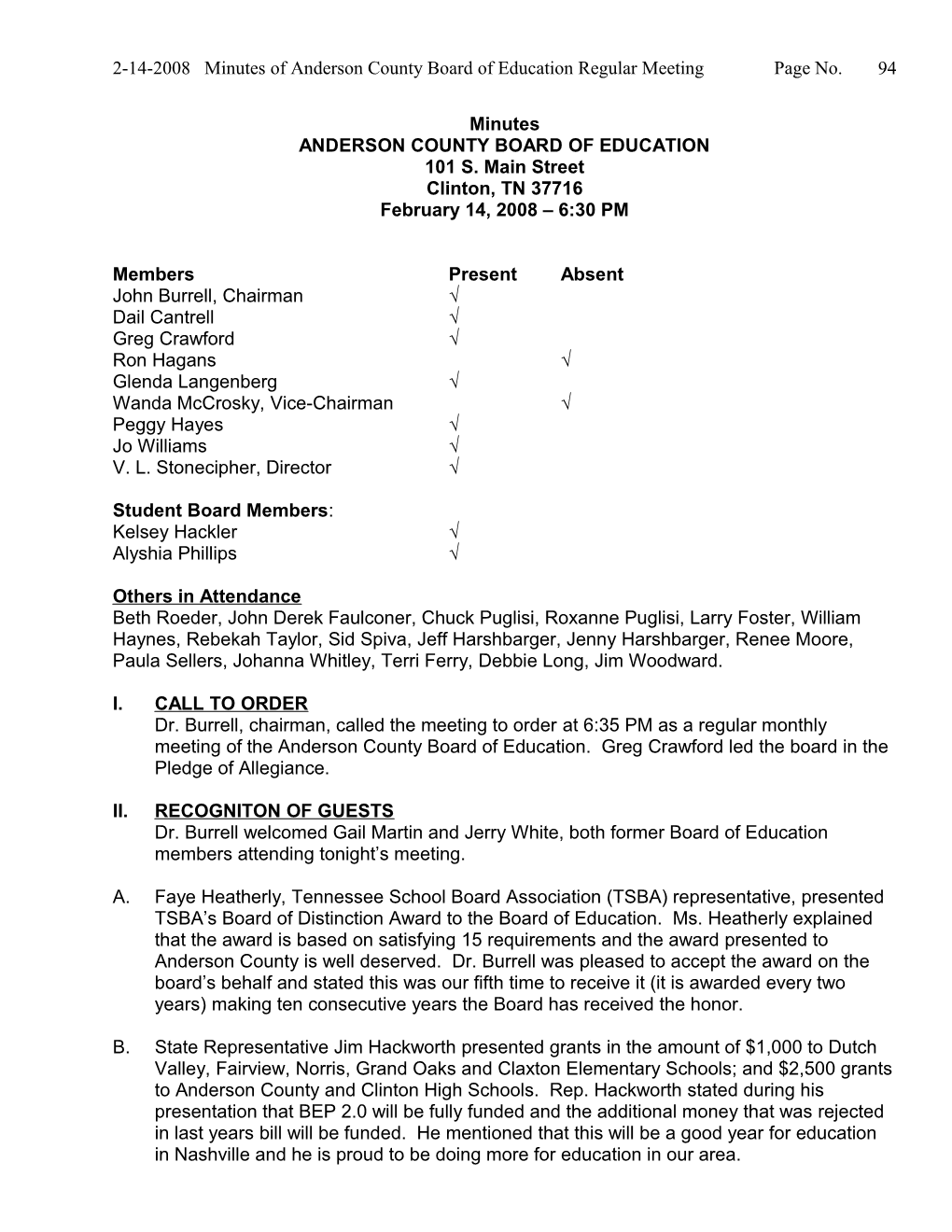 2-14-2008 Minutes of Anderson County Board of Education Regular Meeting Page No