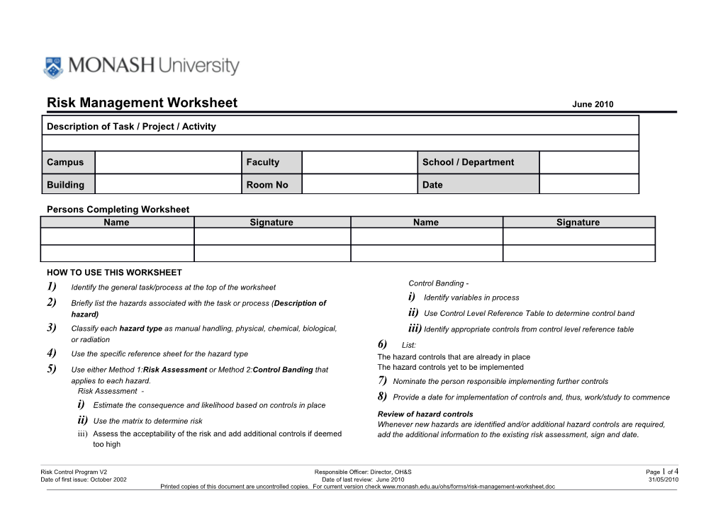 Risk Management Worksheet