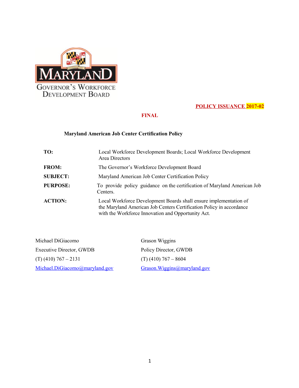 Maryland American Job Center Certification Policy