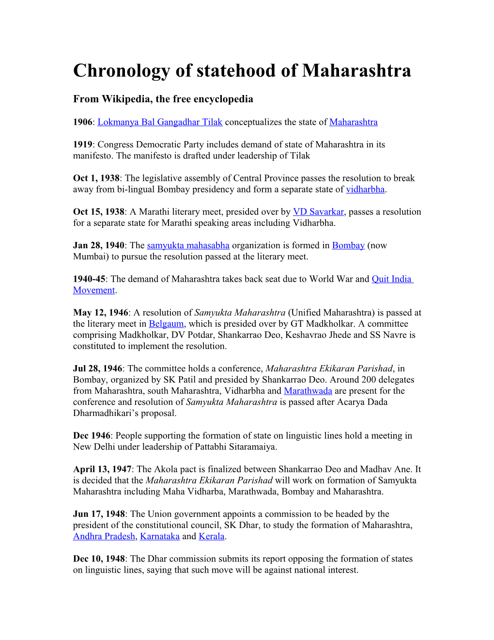 Chronology of Statehood of Maharashtra