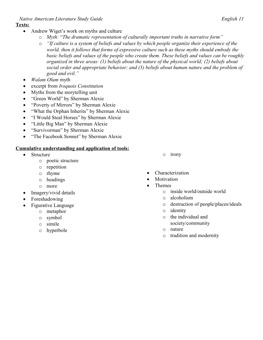 Native American Literature Study Guide English 11