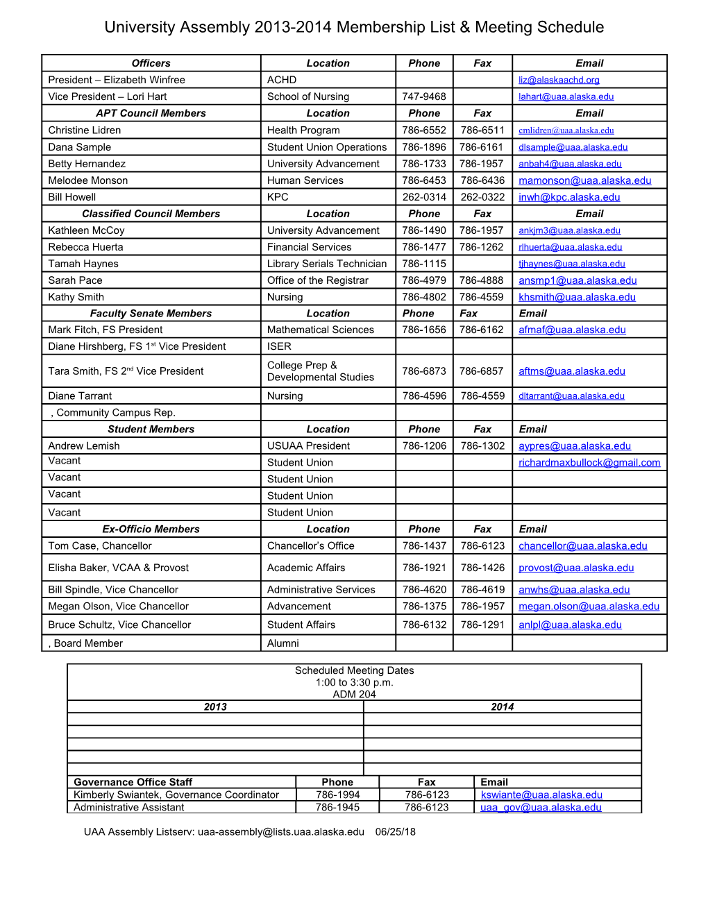 University Assembly 2013-2014 Membership List & Meeting Schedule