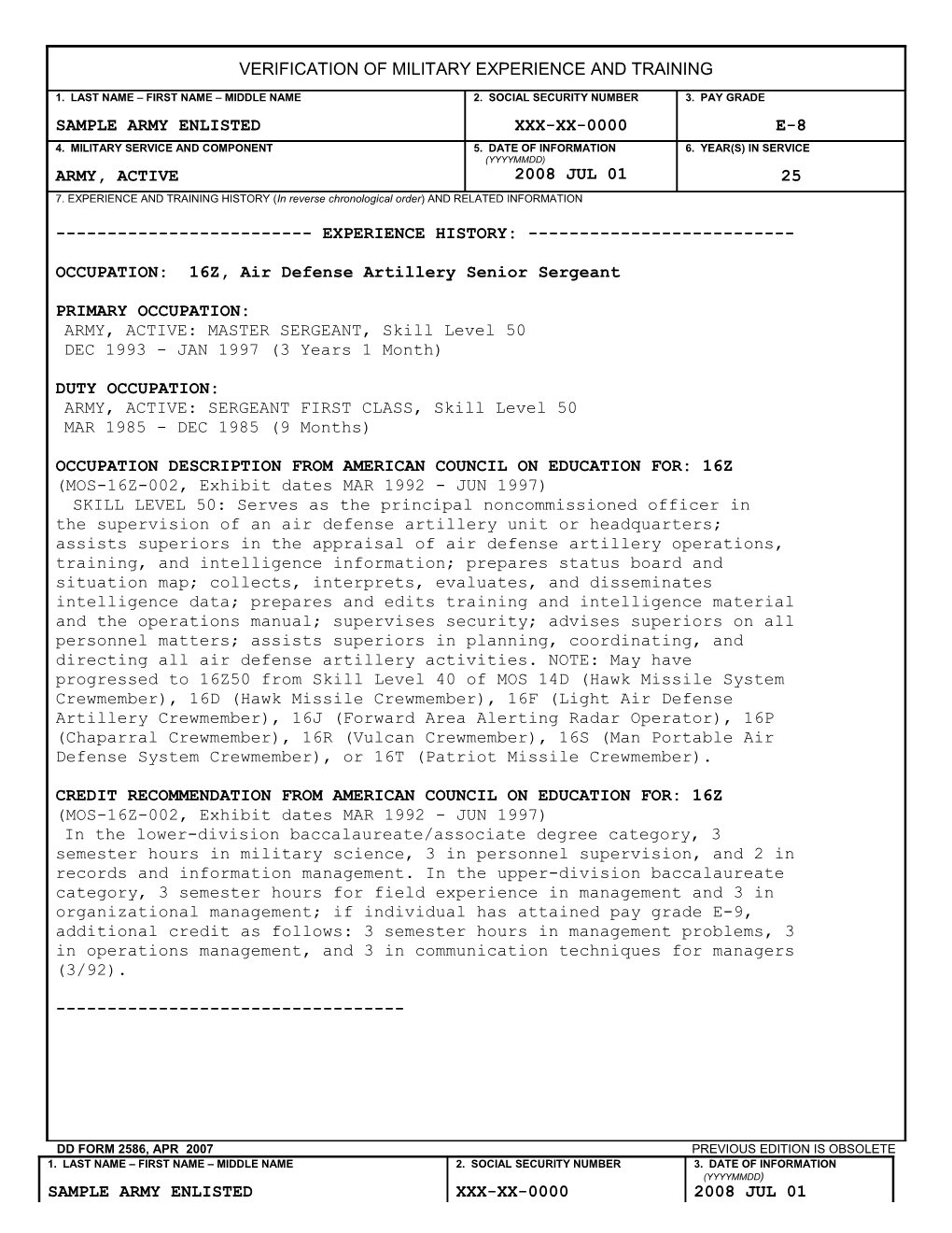 Dd Form 2586, Apr 2007 Previous Edition Is Obsolete