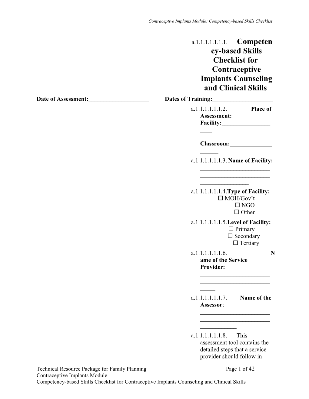 Contraceptive Implants Module: Competency-Based Skills Checklist