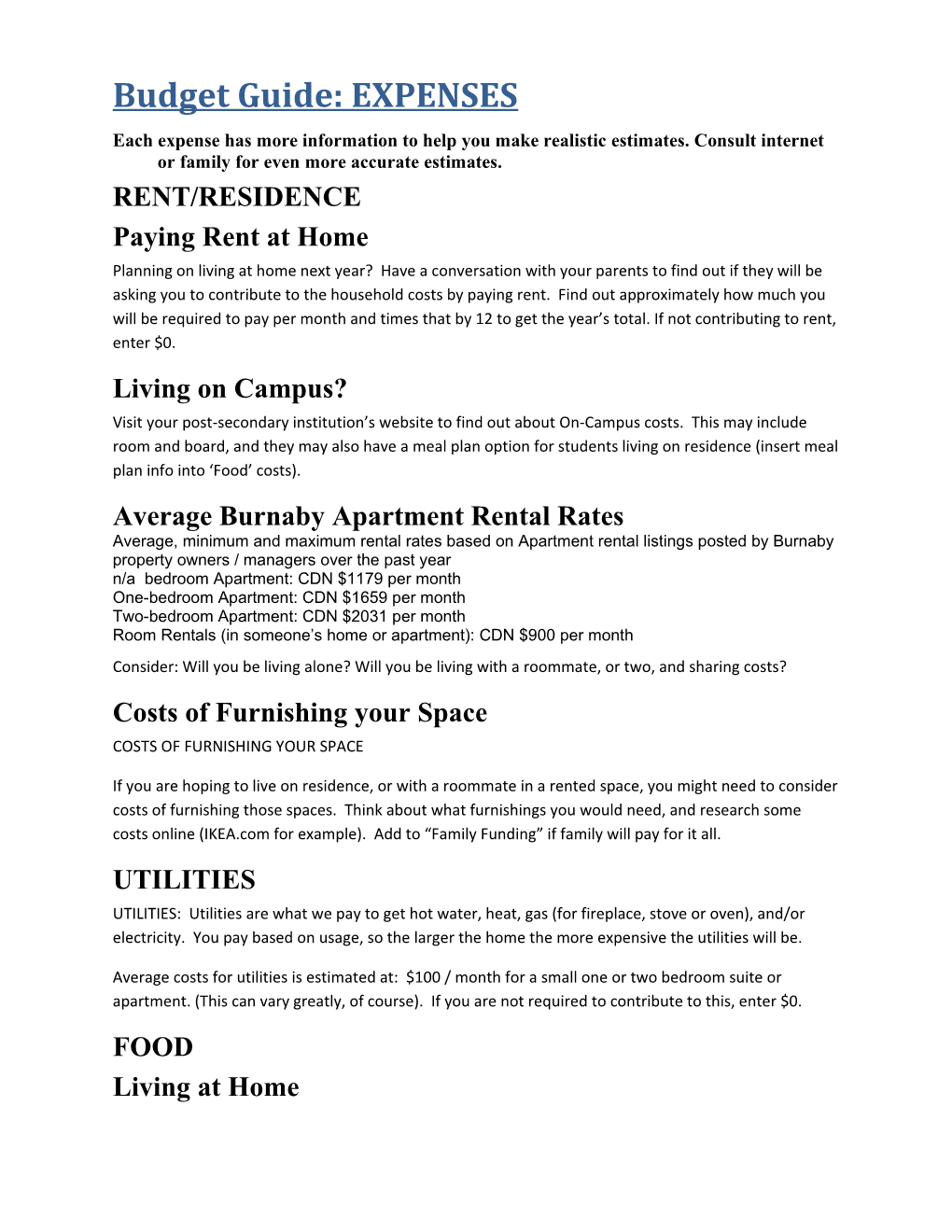 Budget Guide: EXPENSES