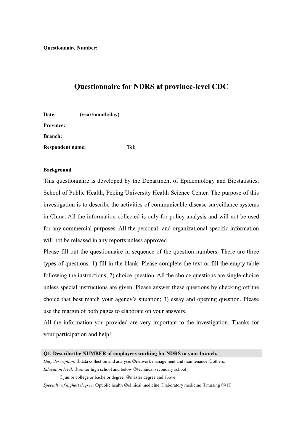 Questionnaire for Ndrsat Province-Level CDC