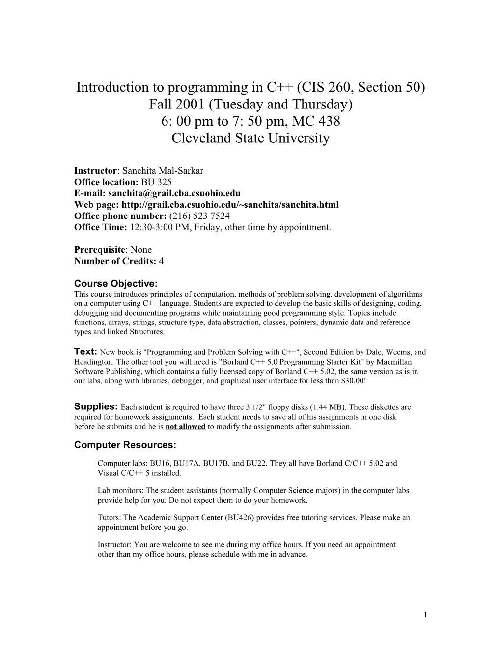 CIS 260 Information and Computer Technology