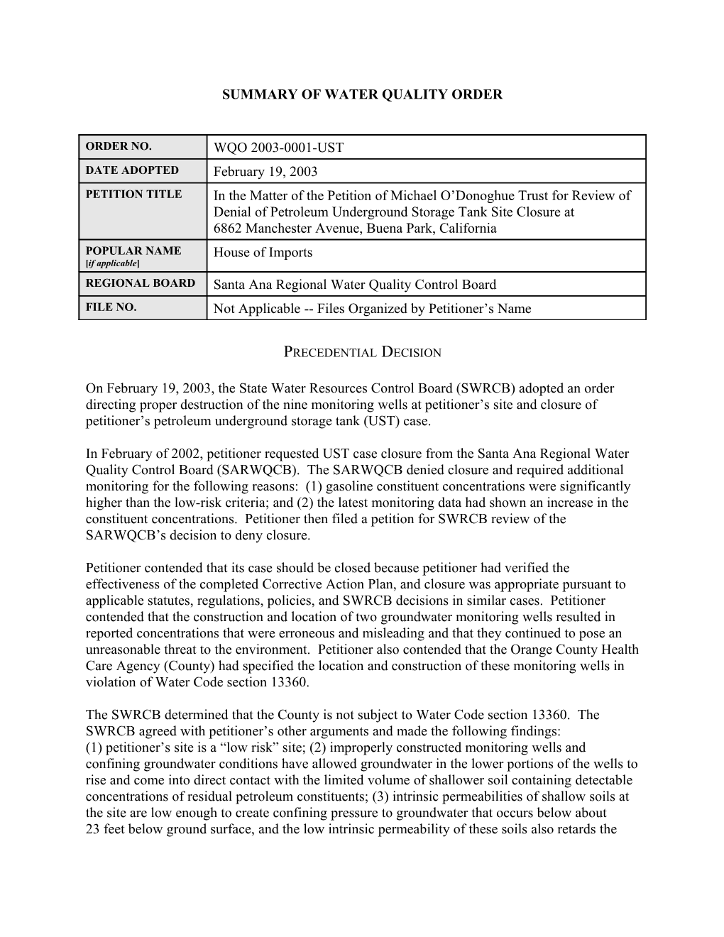 Summary of Water Quality Order s3