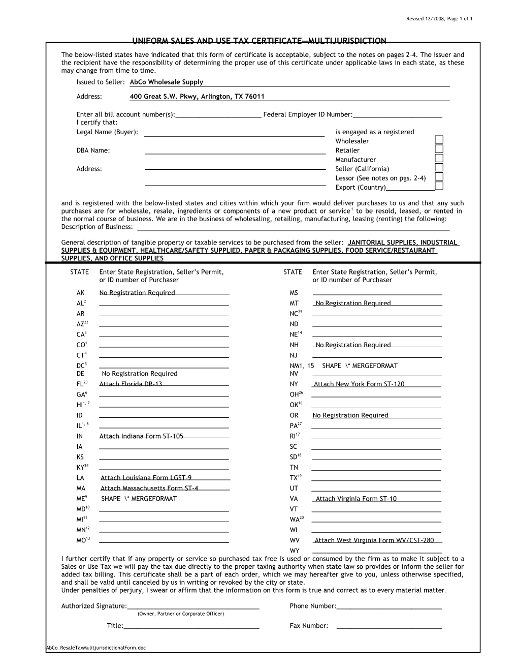 Uniform Sales and Use Tax Certificate Multijurisdiction