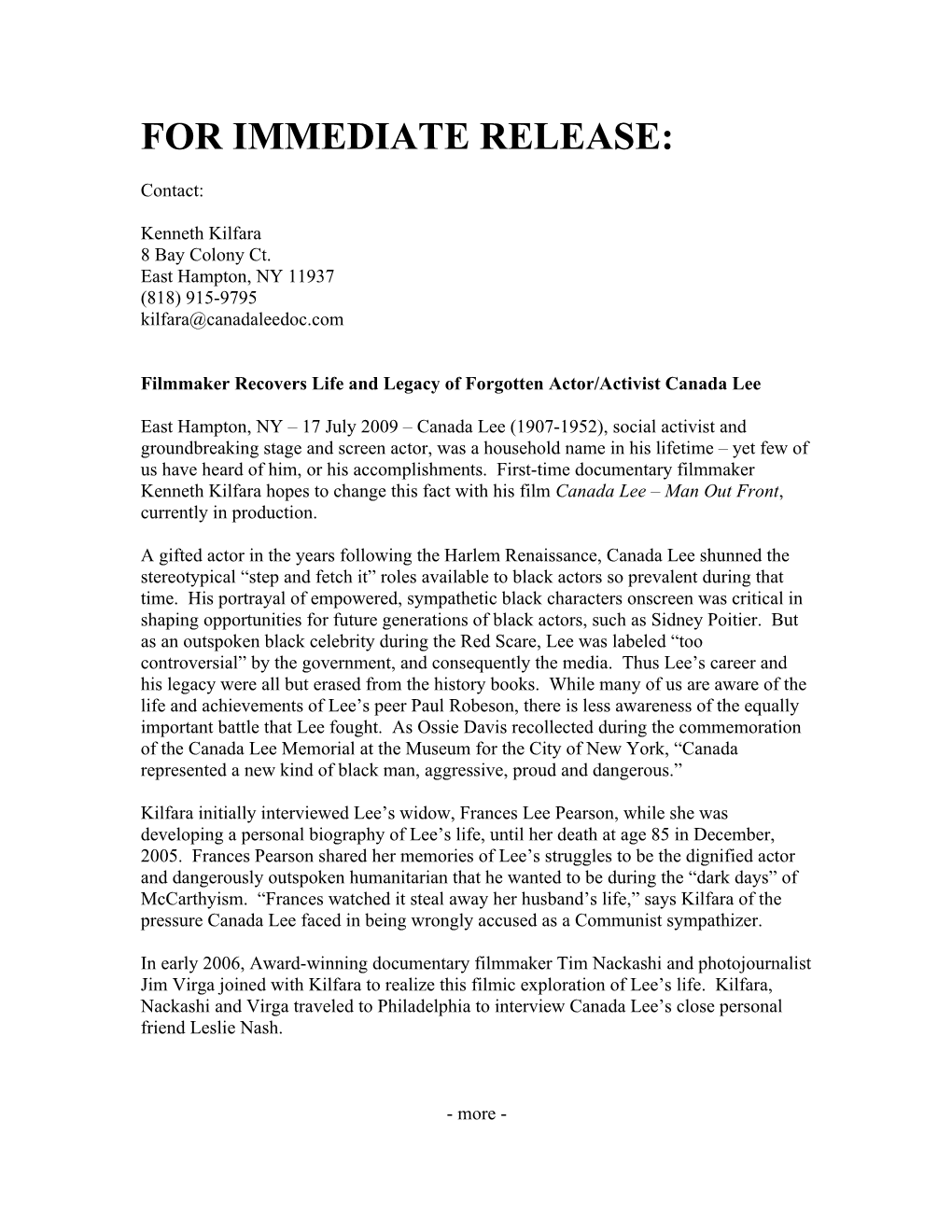 For Immediate Release s215