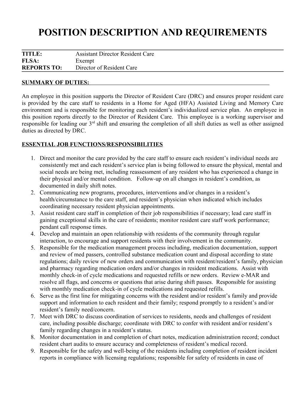 Position Description and Requirements