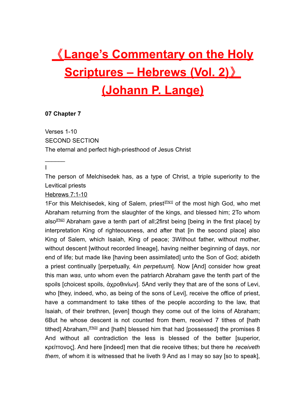 Lange S Commentary on the Holy Scriptures Hebrews (Vol. 2) (Johann P. Lange)