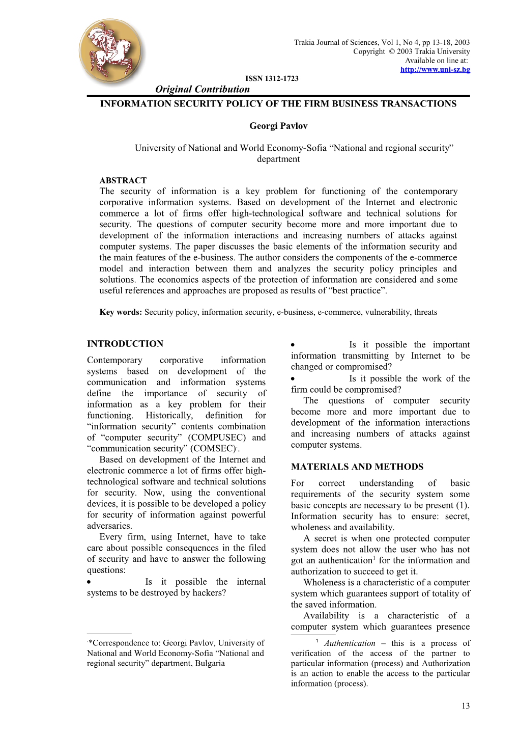 Trakia Journal of Sciences, Vol 1, No 4, Pp 13-18, 2003