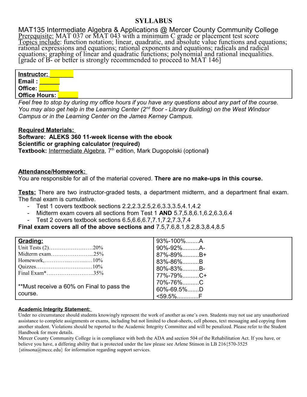 MAT135 Intermediate Algebra & Applications Mercer County Community College