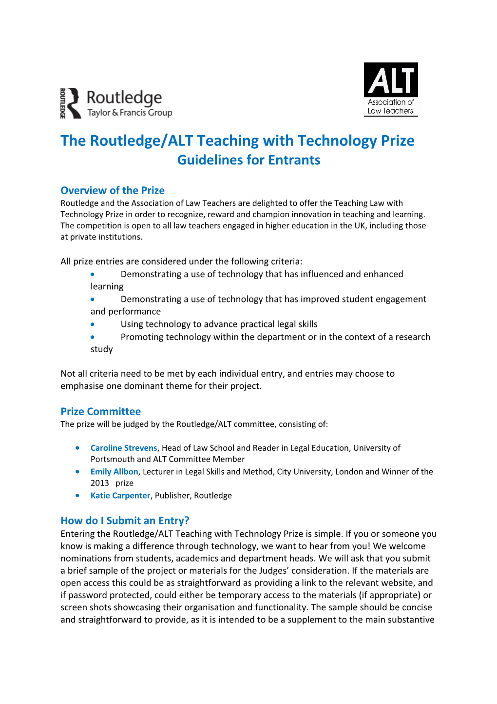 The Routledge/ALT Teaching with Technology Prize