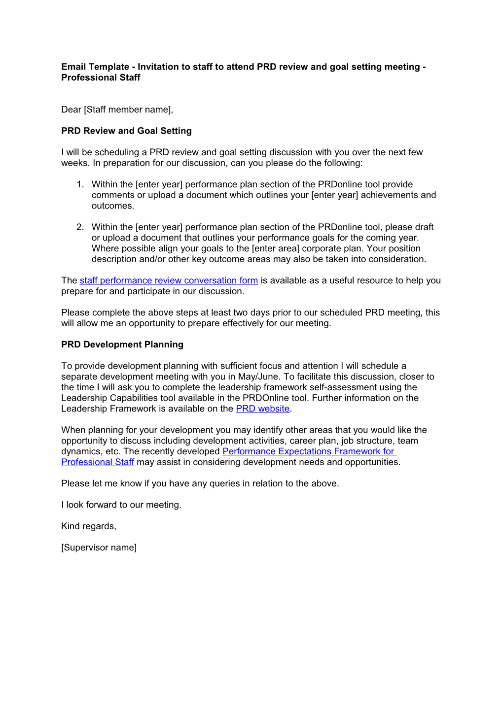 Email Template- Invitation to Staff to Attend PRD Review and Goal Setting Meeting