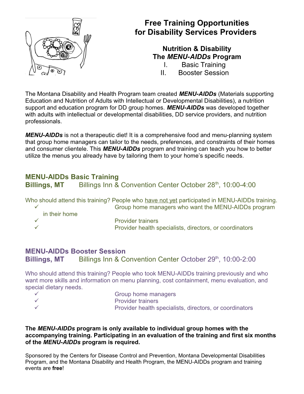 Training Opportunity on the MENU-Aidds Program (Materials Supporting Education and Nutrition