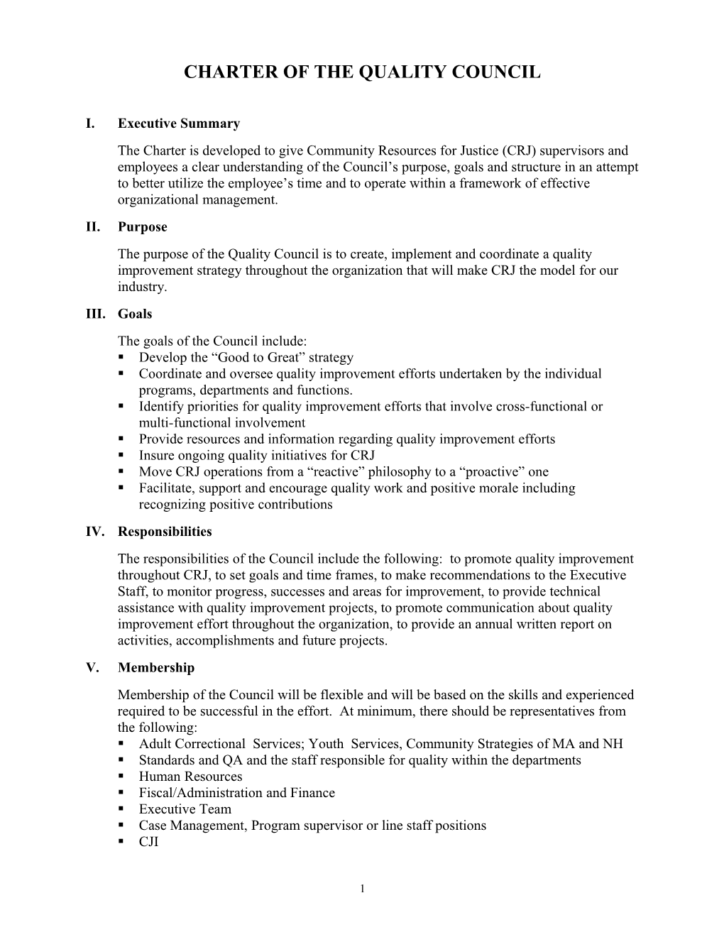 Continuous Quality Improvement Council Charter