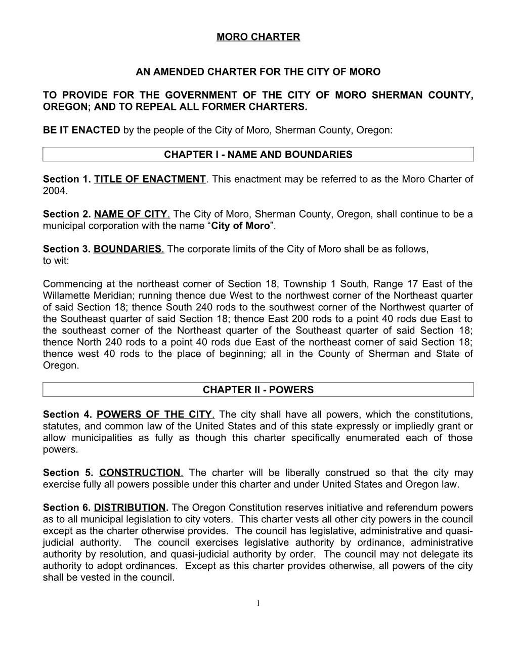 An Amended Charter for the City of Moro