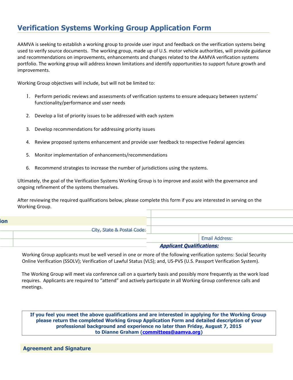 Verification Systems Working Group Application Form