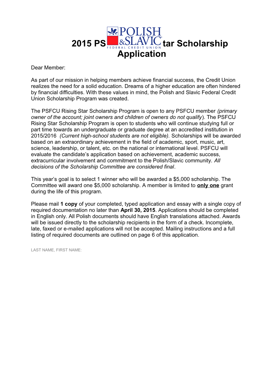 2015 PSFCU Rising Star Scholarship Application