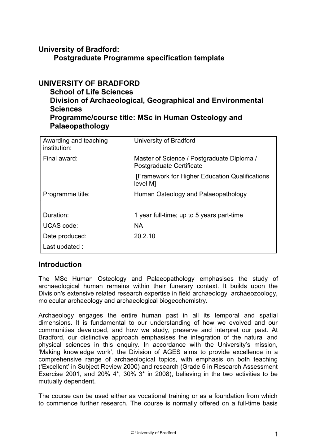 University of Bradford: Postgraduate Programme Specification Template