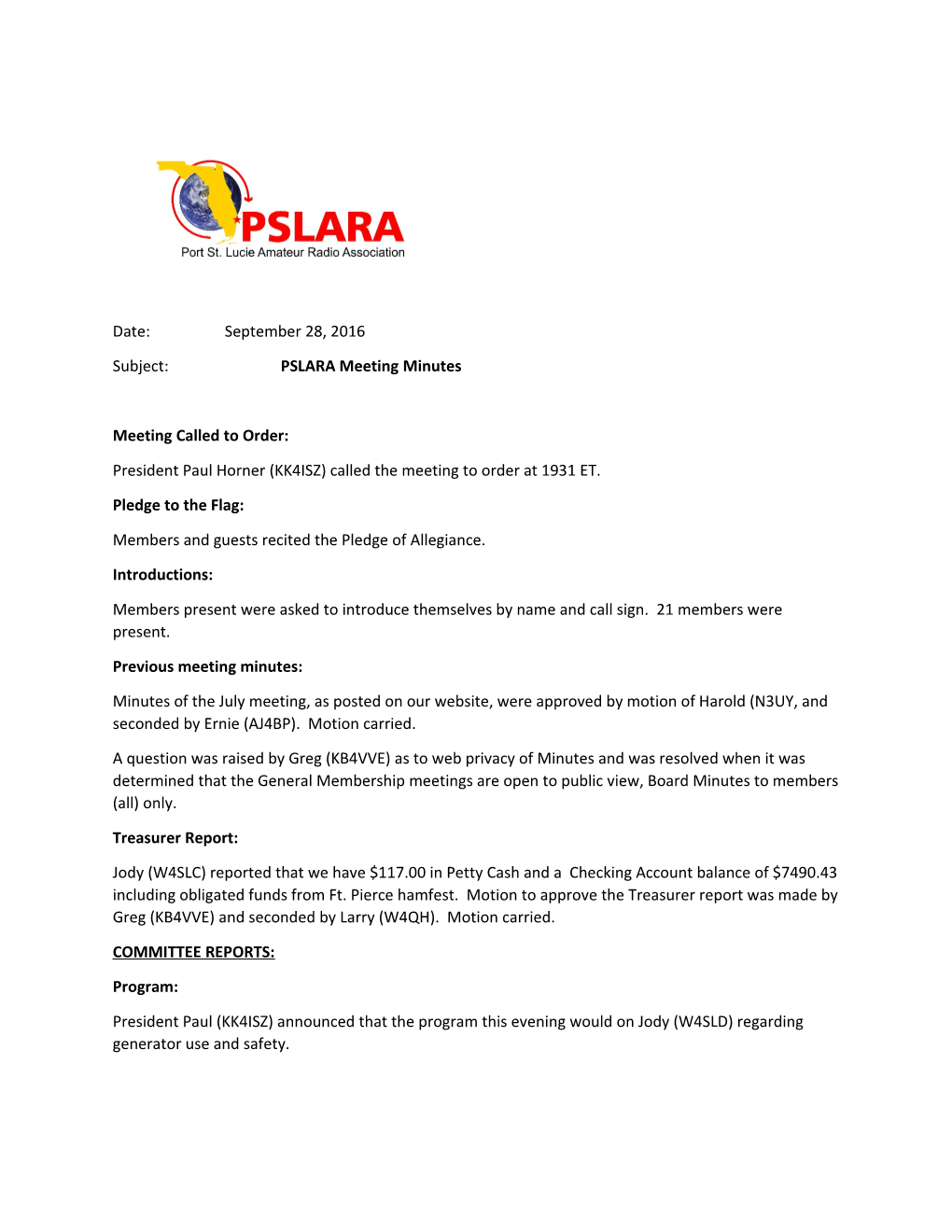Subject: PSLARA Meeting Minutes