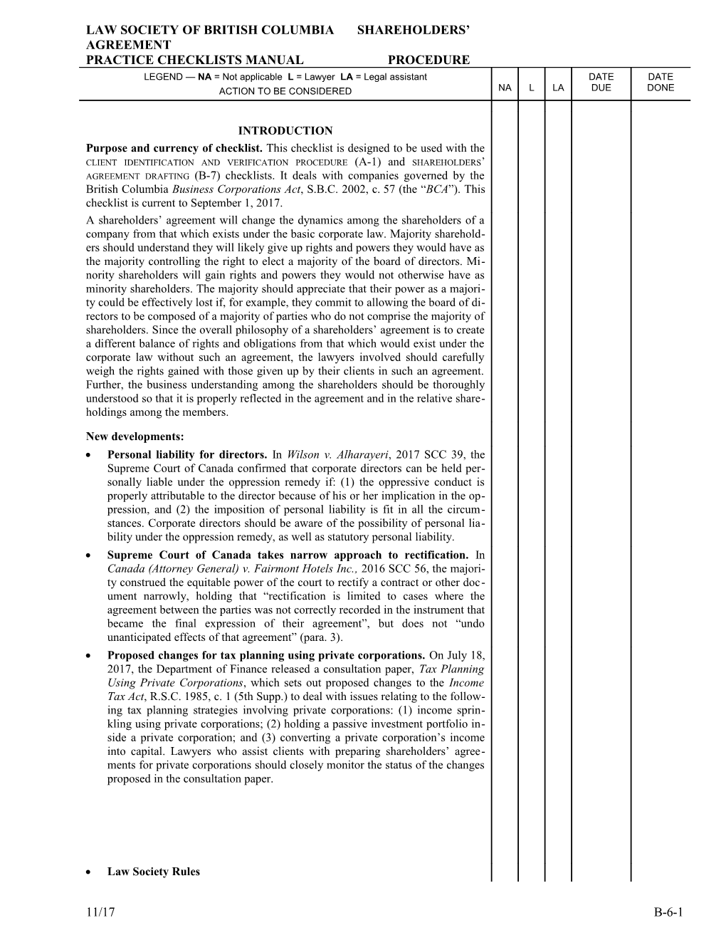 Practice Checklists Manual: Shareholders' Agreement Procedure Checklist