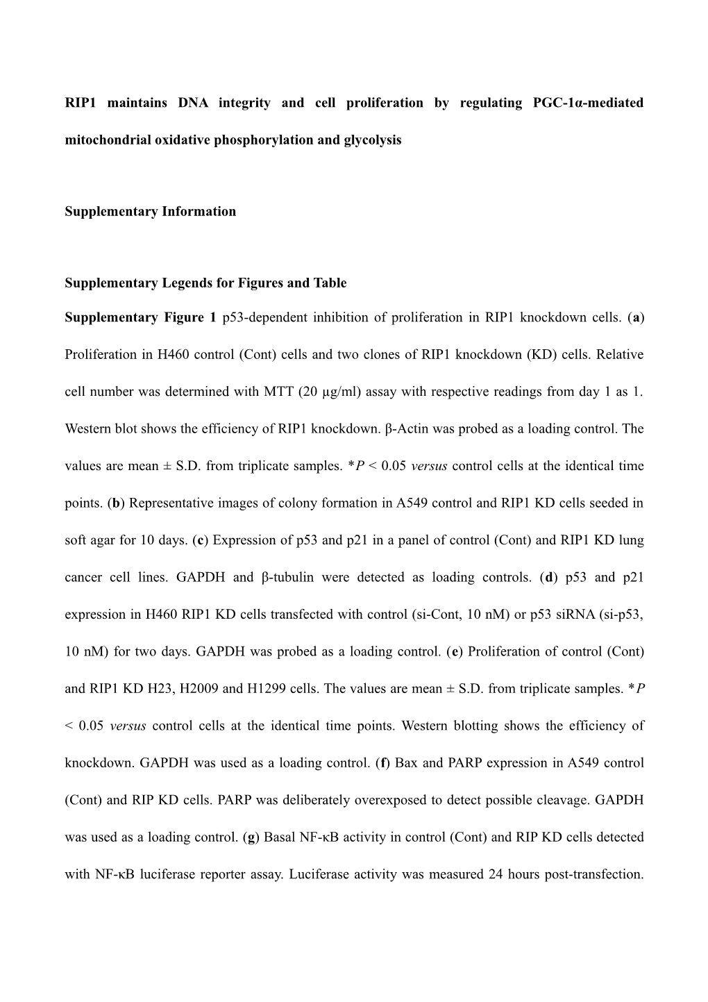 RIP1 Maintains DNA Integrity and Cell Proliferation by Regulating PGC-1Α-Mediated Mitochondrial