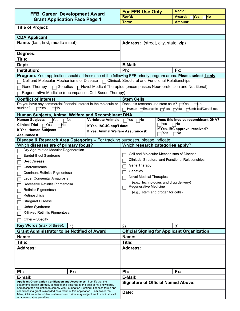 Template for FFB Grant Application