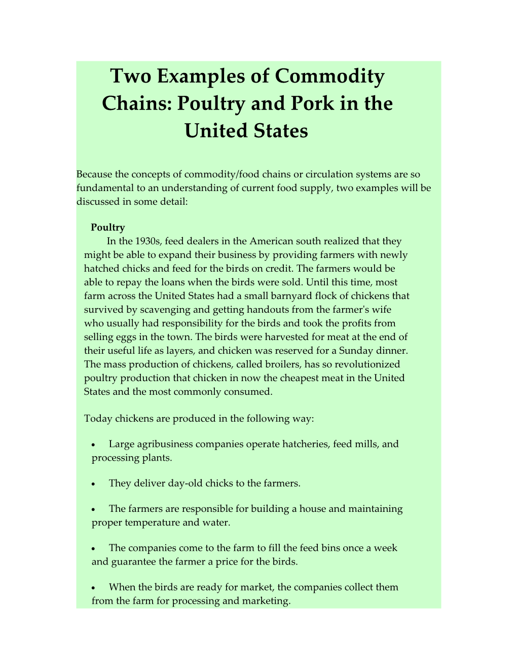 Two Examples of Commodity Chains: Poultry and Pork in the United States
