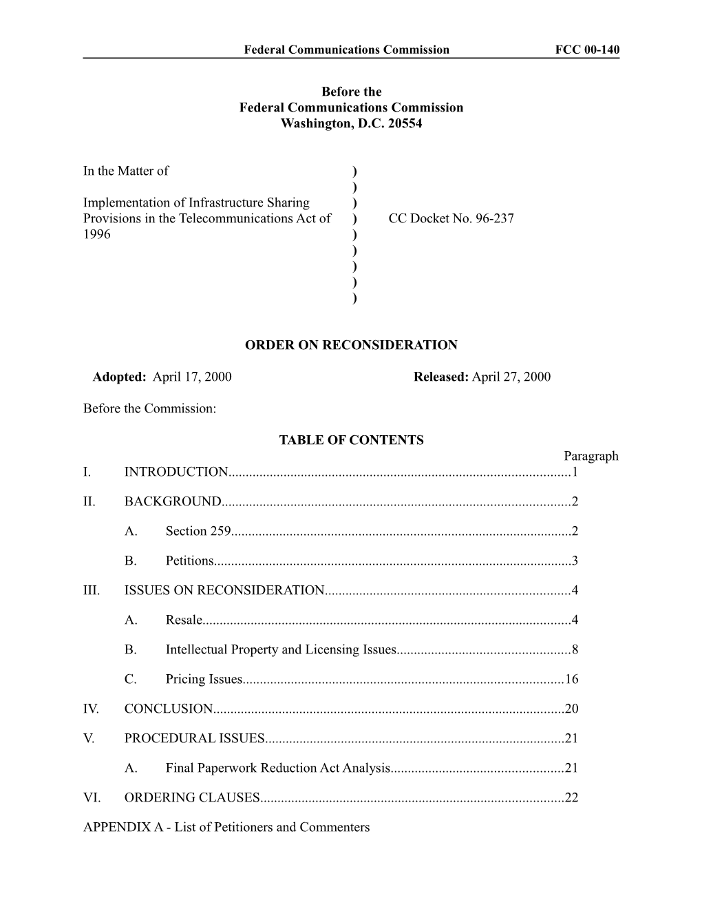 Federal Communications Commissionfcc 00-140