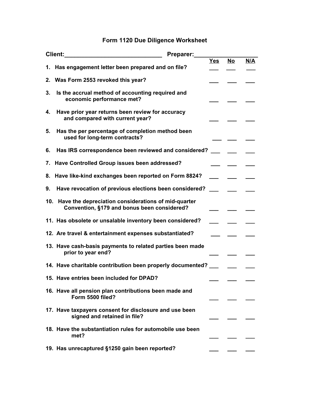 Form 1120 Due Diligence Worksheet