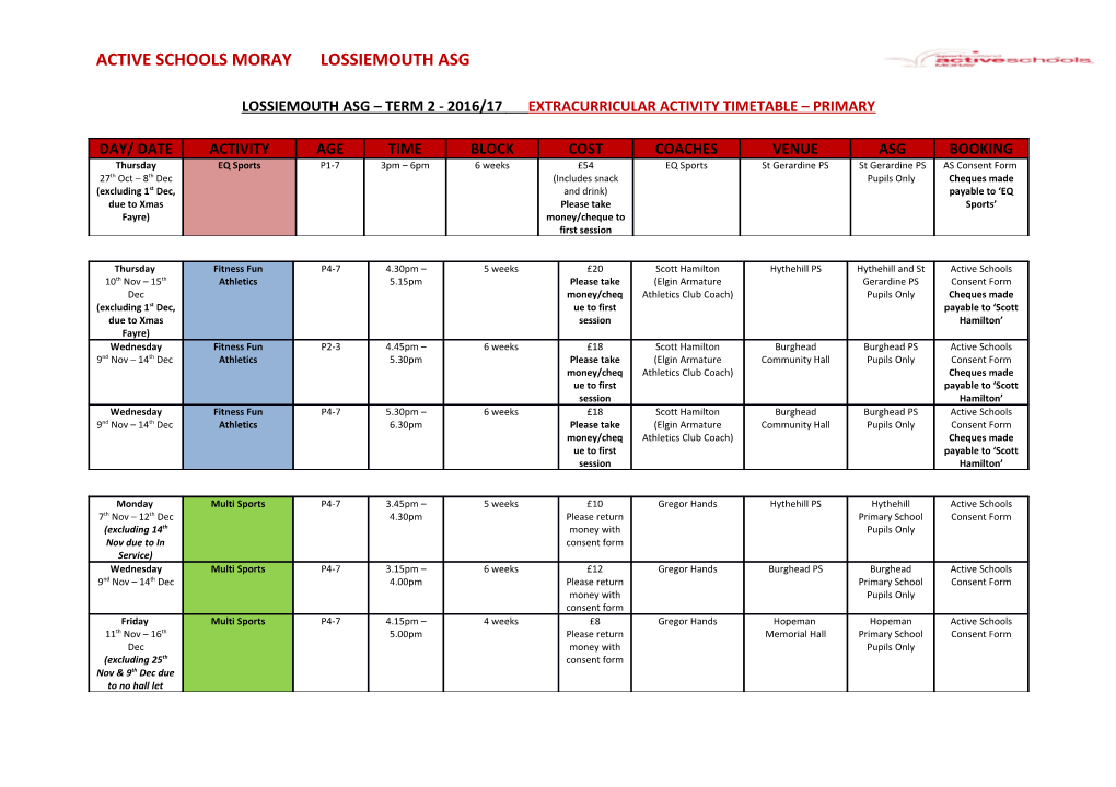 Lossiemouth Asg Term 2 - 2016/17 Extracurricular Activity Timetable Primary