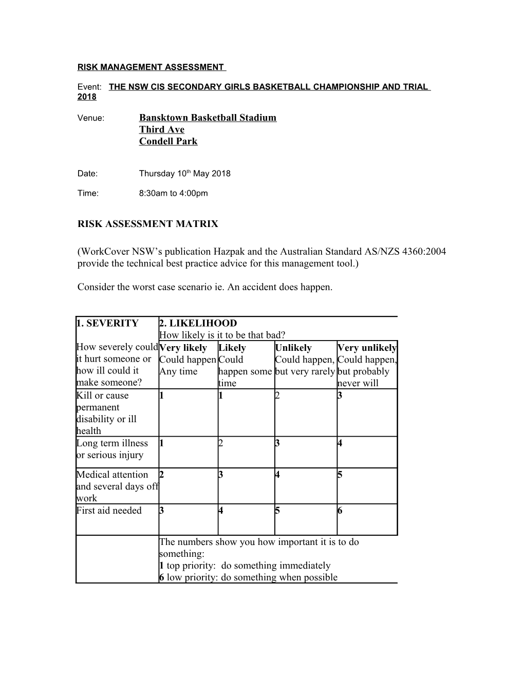 Risk Assessment Secondary Girls Championship 2018