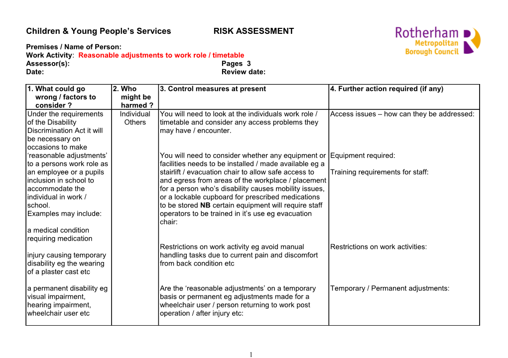 Reasonable Adjustments - Risk Assessment