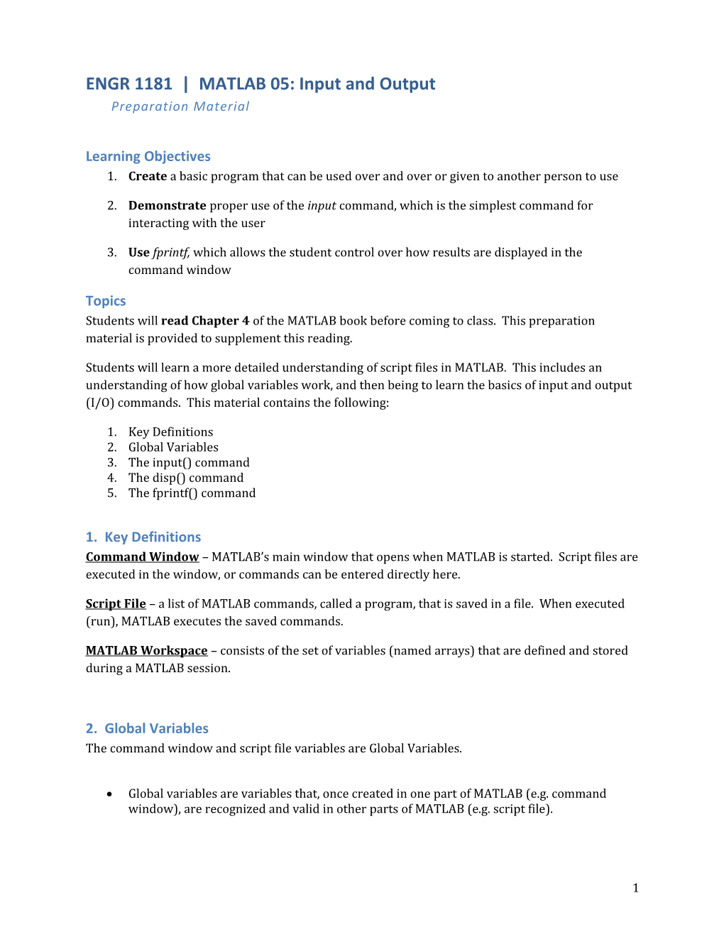 ENGR 1181 MATLAB 05: Input and Outputpreparation Material