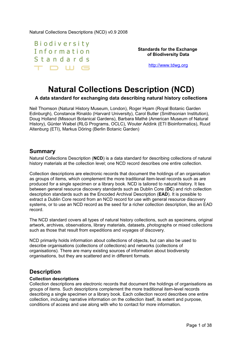 Natural Collections Descriptions (NCD) V0.9 2008