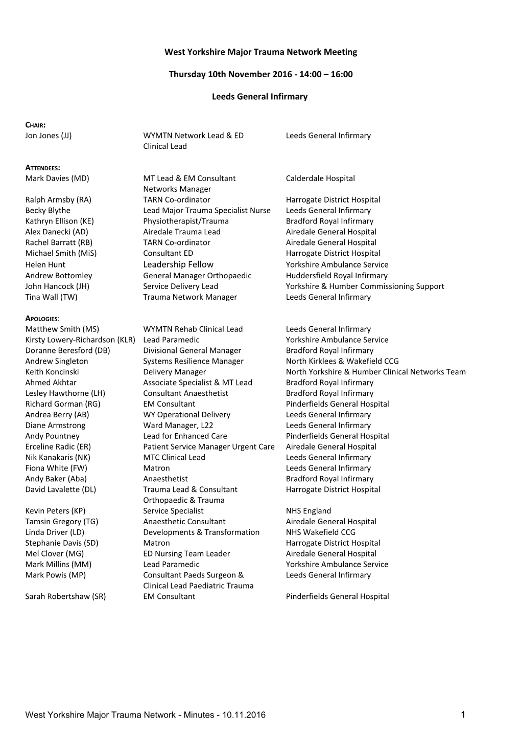 West Yorkshire Major Trauma Network Meeting
