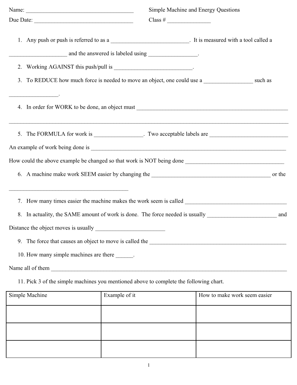 Simple Machines and Energy Unit Notes