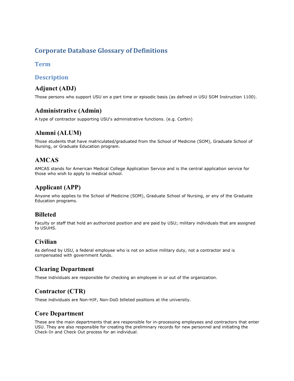 Corporate Database Glossary of Definitions