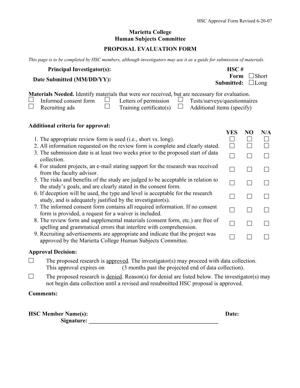 HSC Approval Form Revised 6-20-07