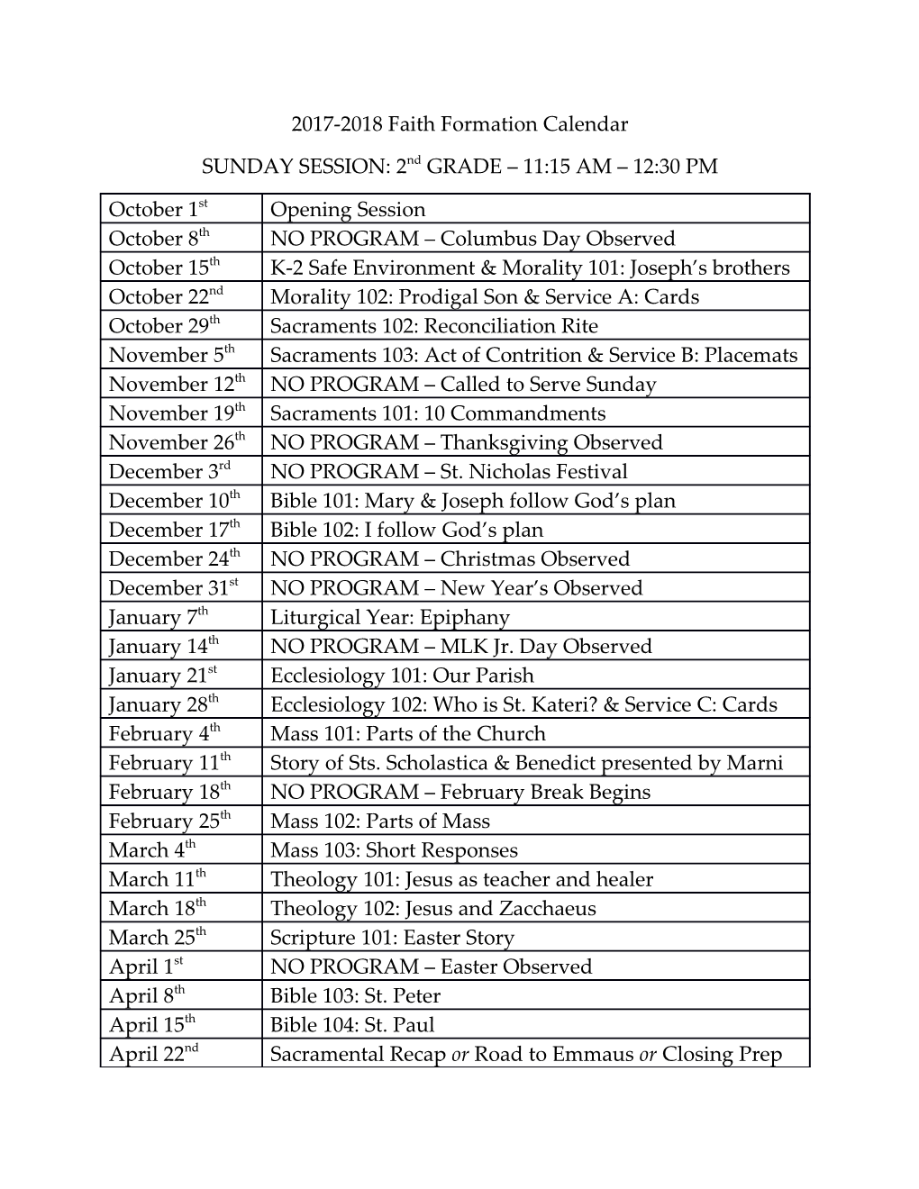 2017-2018 Faith Formation Calendar