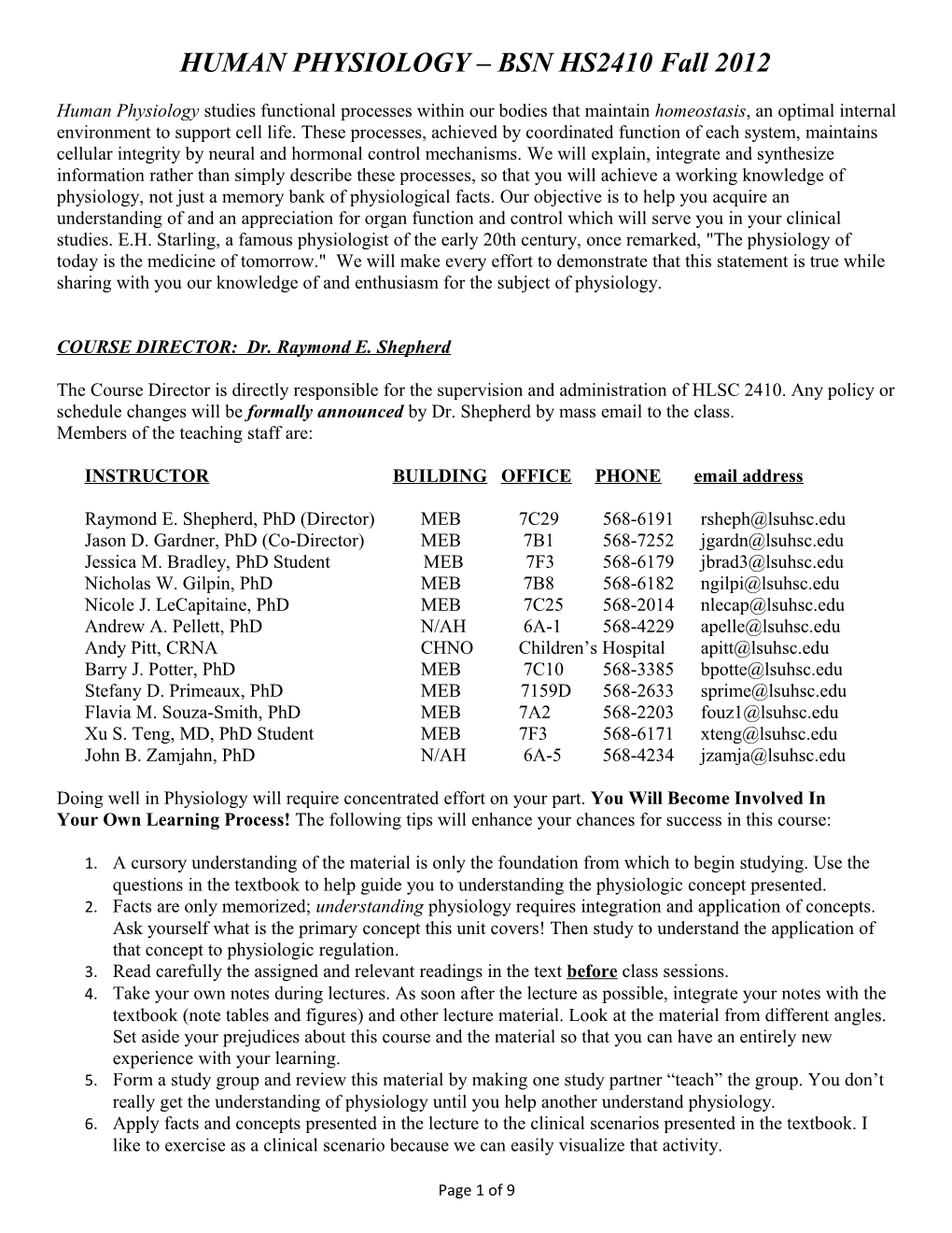 HUMAN PHYSIOLOGY BSN HS2410 Fall 2012