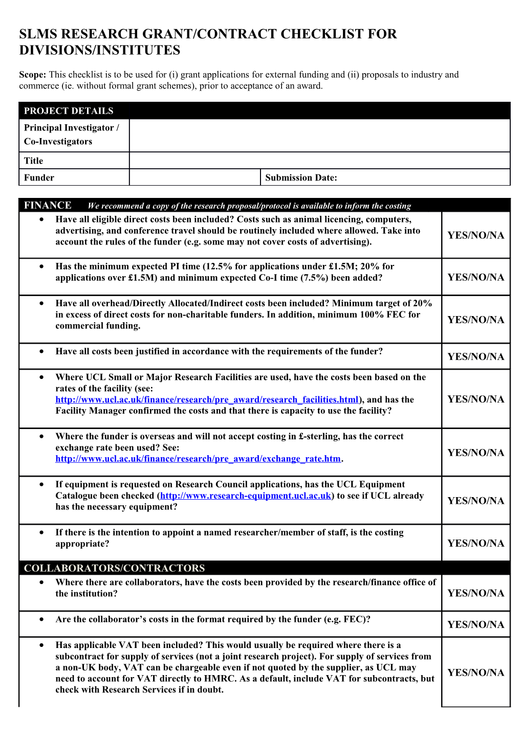 Slms Research Grant/Contract Checklist for Divisions/Institutes