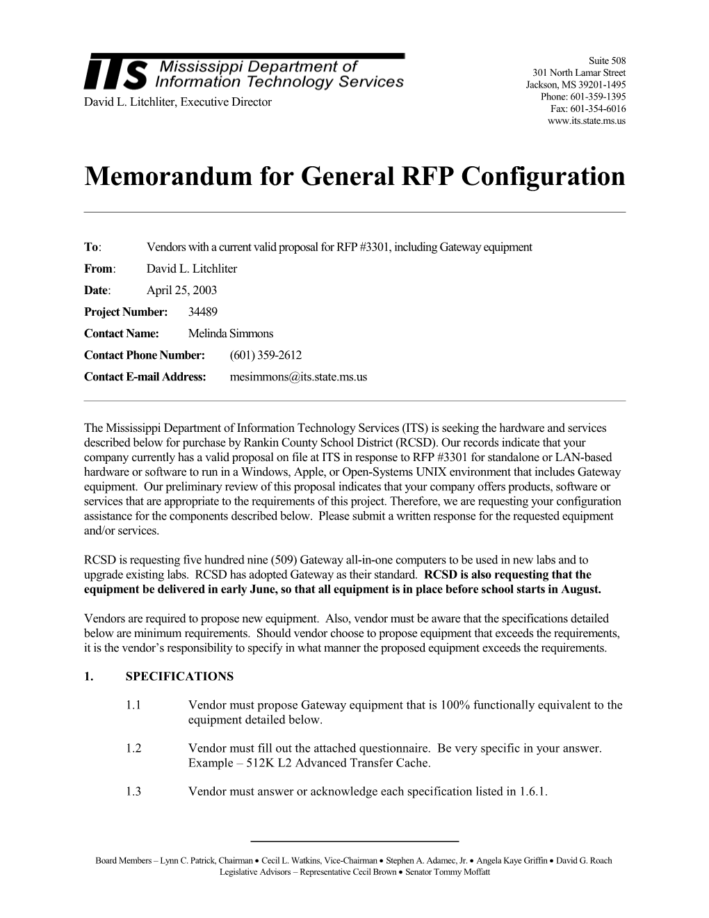 Memorandum for General RFP Configuration s10